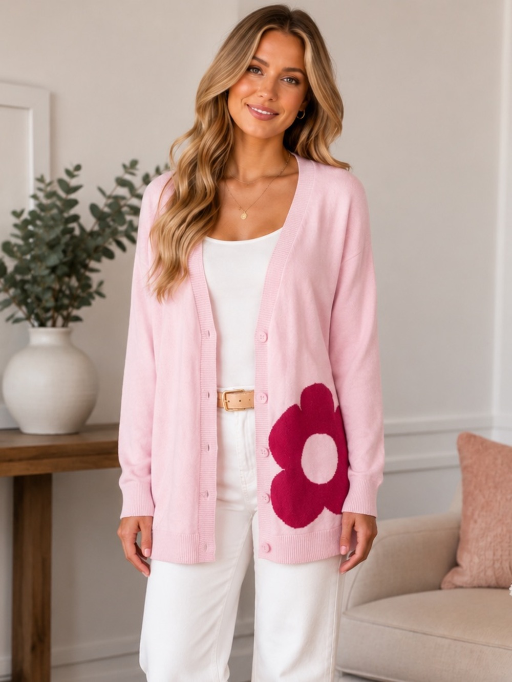NWT Laurie Felt Los Angeles Cashmere Blend Daisy Cardigan Pink Size L